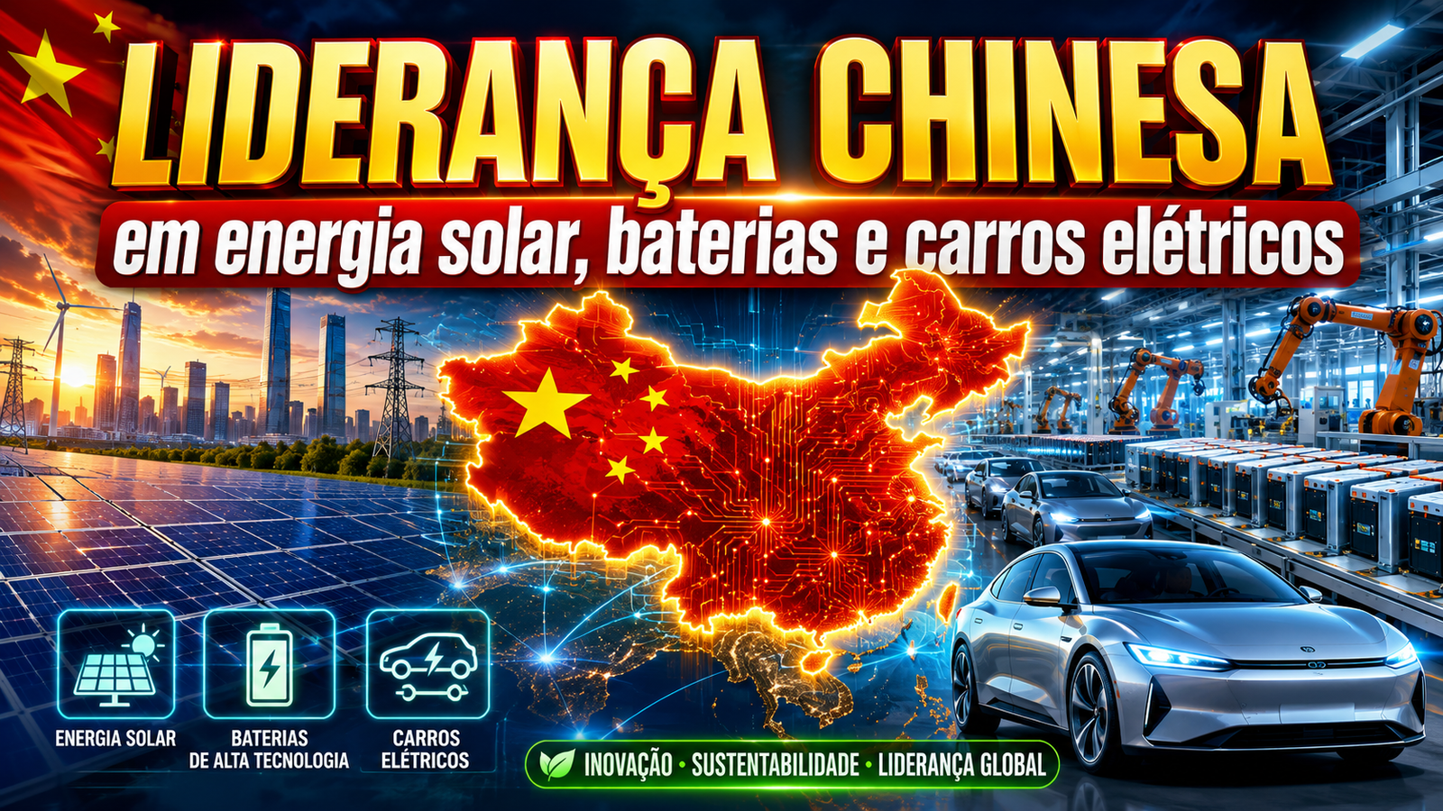 A liderança chinesa em energia solar, baterias e carros elétricos