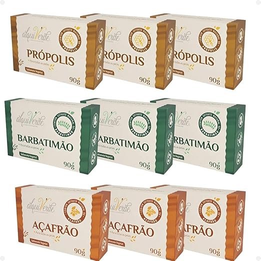 Kit com 9 Sabonetes Naturais Veganos Alquiverde – Própolis, Barbatimão e Açafrão